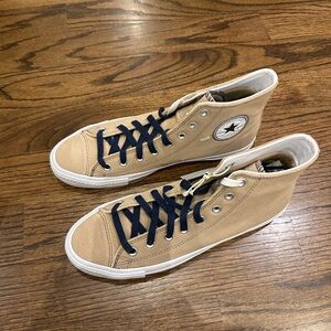 Converse Chuck Taylor All Star High-Top sneakers, tan upper with navy laces